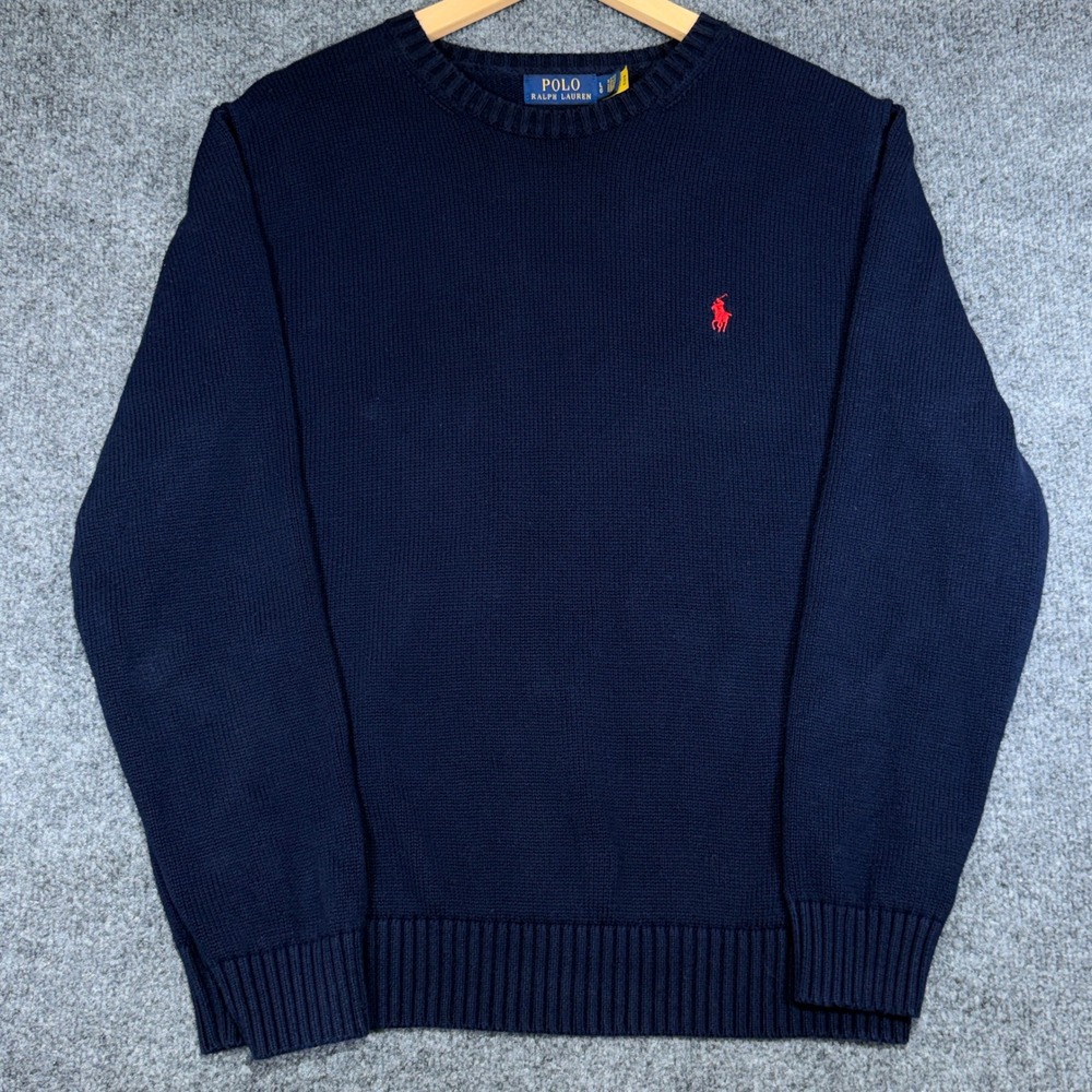 Polo Ralph Lauren Chunky Knit Crewneck Sweater Men Large Navy Blue Red Pony Logo